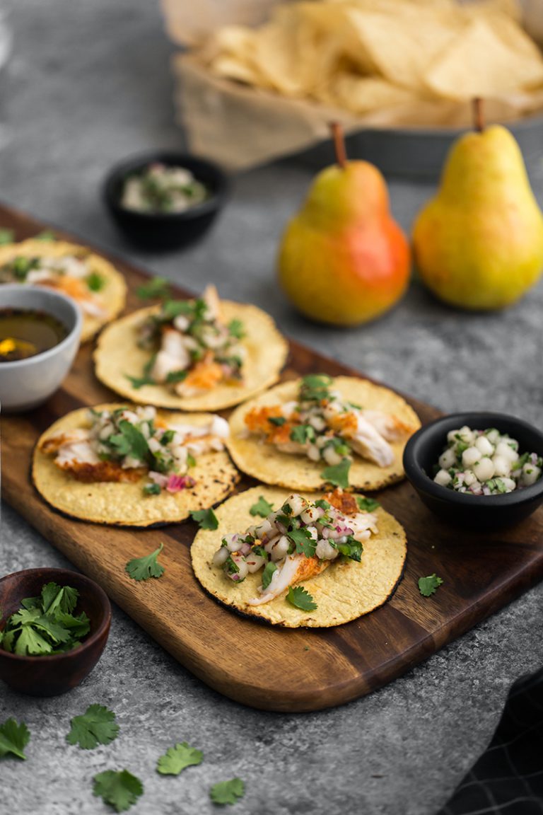 Mini Fish Tacos with Bartlett Pear Salsa & Chili Drizzle California Pears